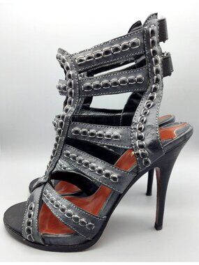 Leon Max All Leather High Heel 4.75" Tall Gray Strappy Shoes Size 8M Sexy